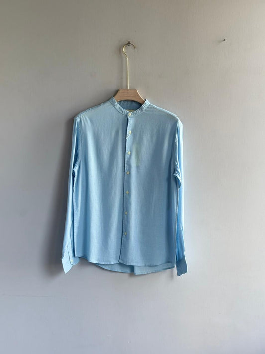 SKYBLUE LINEN MANDRIAN COLLAR SHIRT