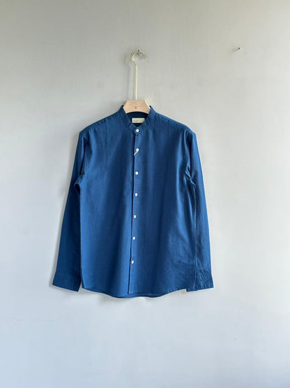 BLUE LINEN MANDRIAN COLLAR SHIRT