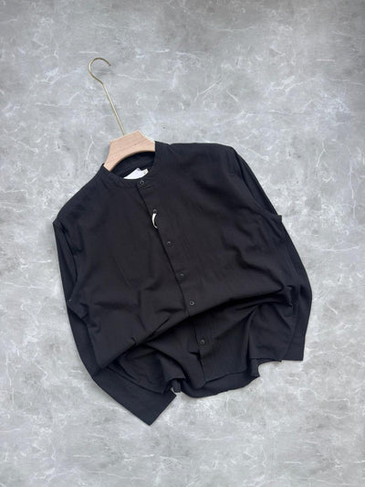 BLACK LINEN CRUSHED MANDRIAN COLLAR SHIRT