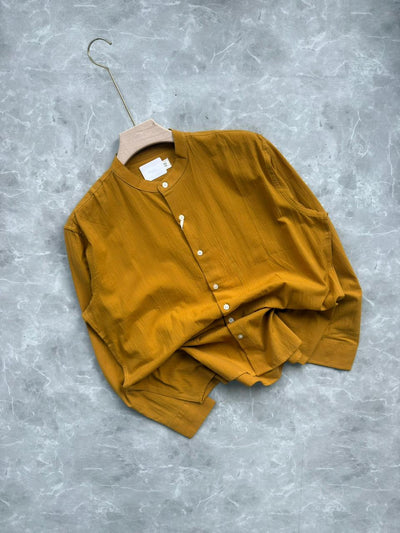 YELLOW LINEN CRUSHED MANDRIAN COLLAR SHIRT