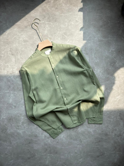 GREEN LINEN MANDRIAN COLLAR SHIRT