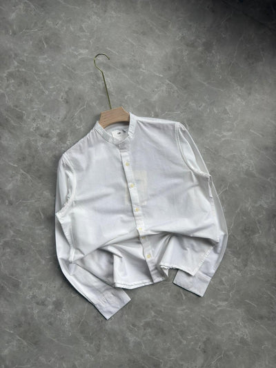 WHITE COTTON LINEN MANDRIAN COLLAR SHIRT