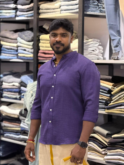 AUBERGINE IMPORTED KOREAN LINEN MANDRIAN COLLAR SHIRT