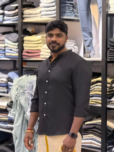 BLACK  IMPORTED KOREAN LINEN MANDRIAN COLLAR SHIRT