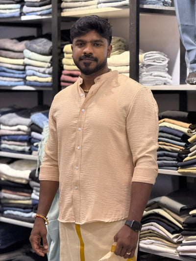 ALMOND BEIGE  IMPORTED KOREAN LINEN MANDRIAN COLLAR SHIRT