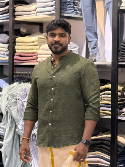 DARK GREEN  IMPORTED KOREAN LINEN MANDRIAN COLLAR SHIRT