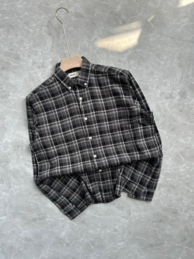 BLACK LINEN FLANNEL CHECKED SHIRT