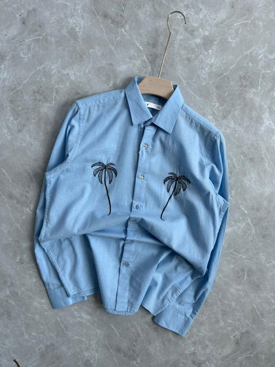 LIGHT BLUE LINEN EMBROIDERY SHIRT
