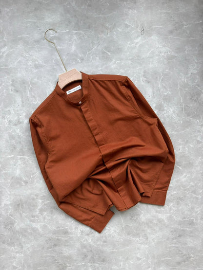 RUST BROWN LINEN MANDRIAN COLLAR SHIRT