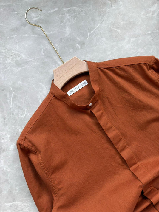 RUST BROWN LINEN MANDRIAN COLLAR SHIRT