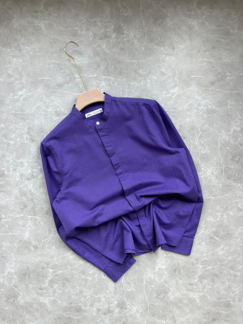 AMETHYST PURPLE LINEN MANDRIAN COLLAR SHIRT