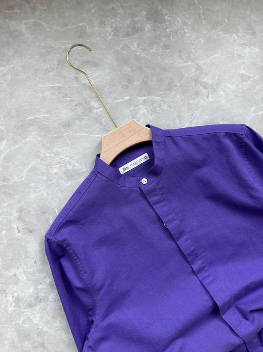 AMETHYST PURPLE LINEN MANDRIAN COLLAR SHIRT