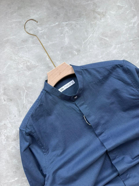 TEAL BLUE LINEN MANDRIAN COLLAR SHIRT