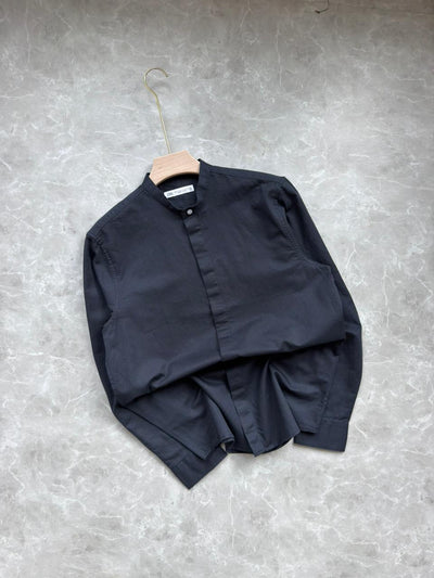 DARK BLUE LINEN MANDRIAN COLLAR SHIRT