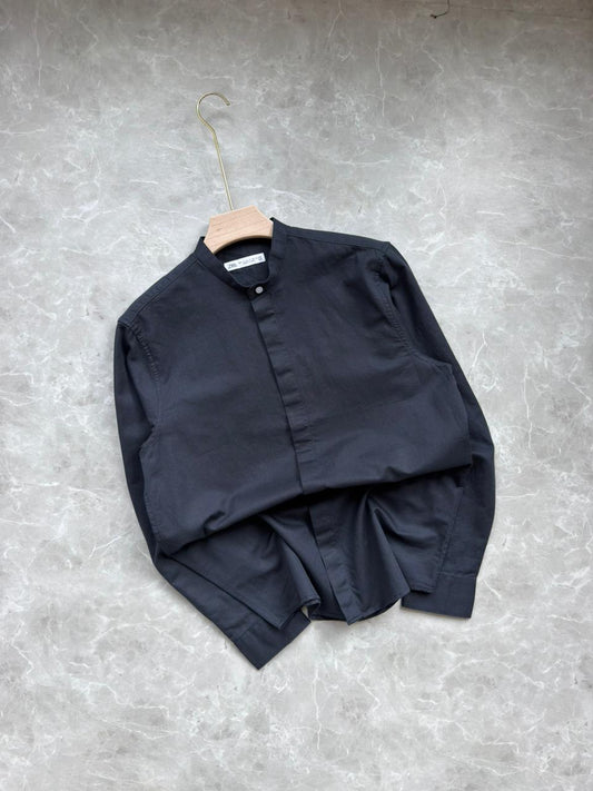 DARK BLUE LINEN MANDRIAN COLLAR SHIRT