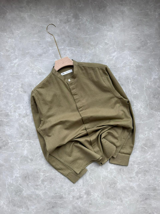LIGHT GREEN LINEN MANDRIAN COLLAR SHIRT