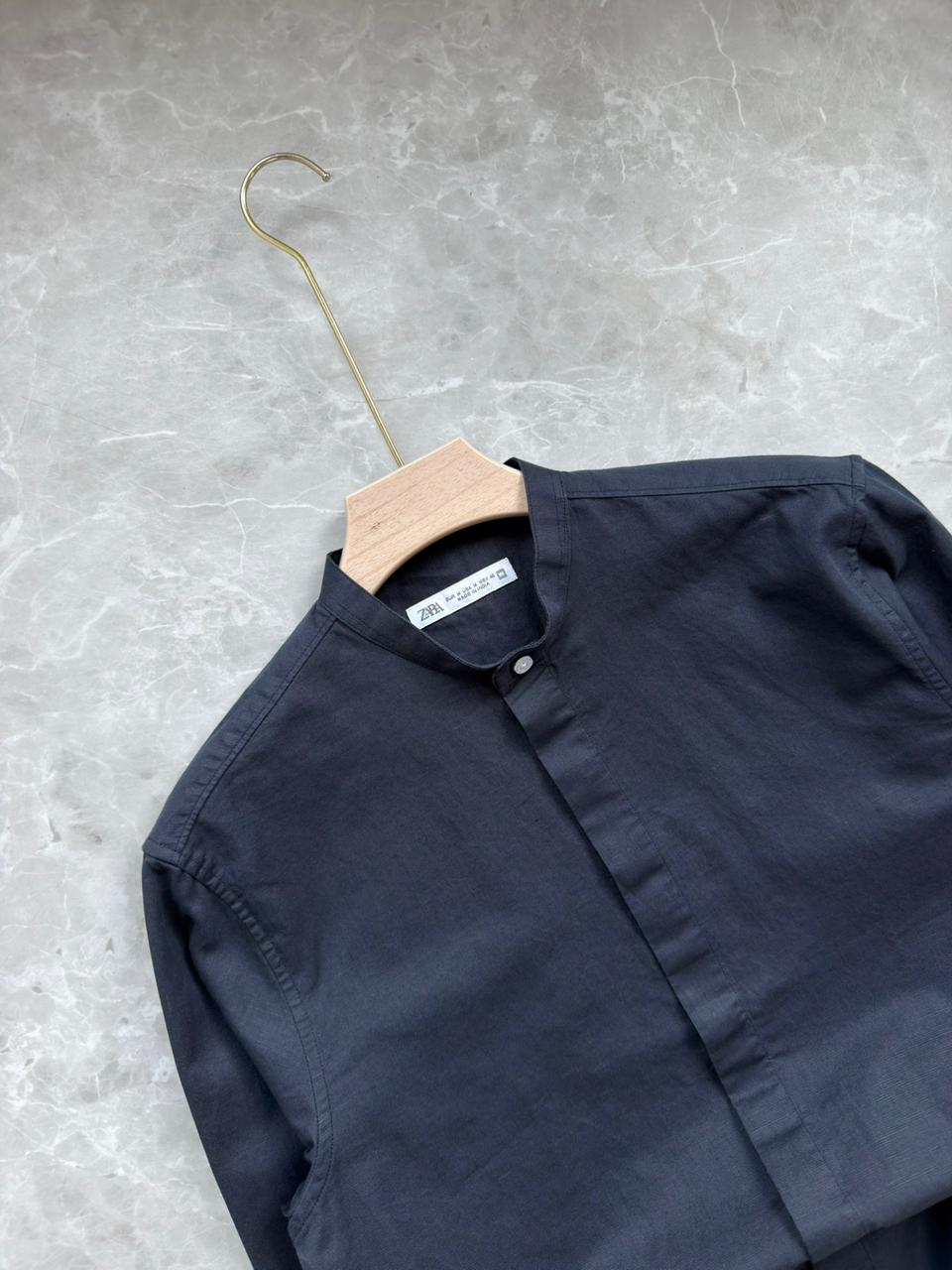 DARK BLUE LINEN MANDRIAN COLLAR SHIRT