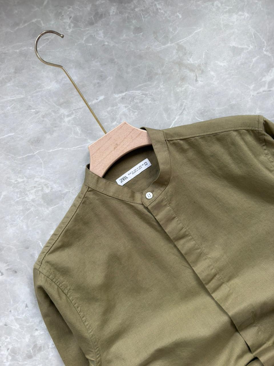 LIGHT GREEN LINEN MANDRIAN COLLAR SHIRT