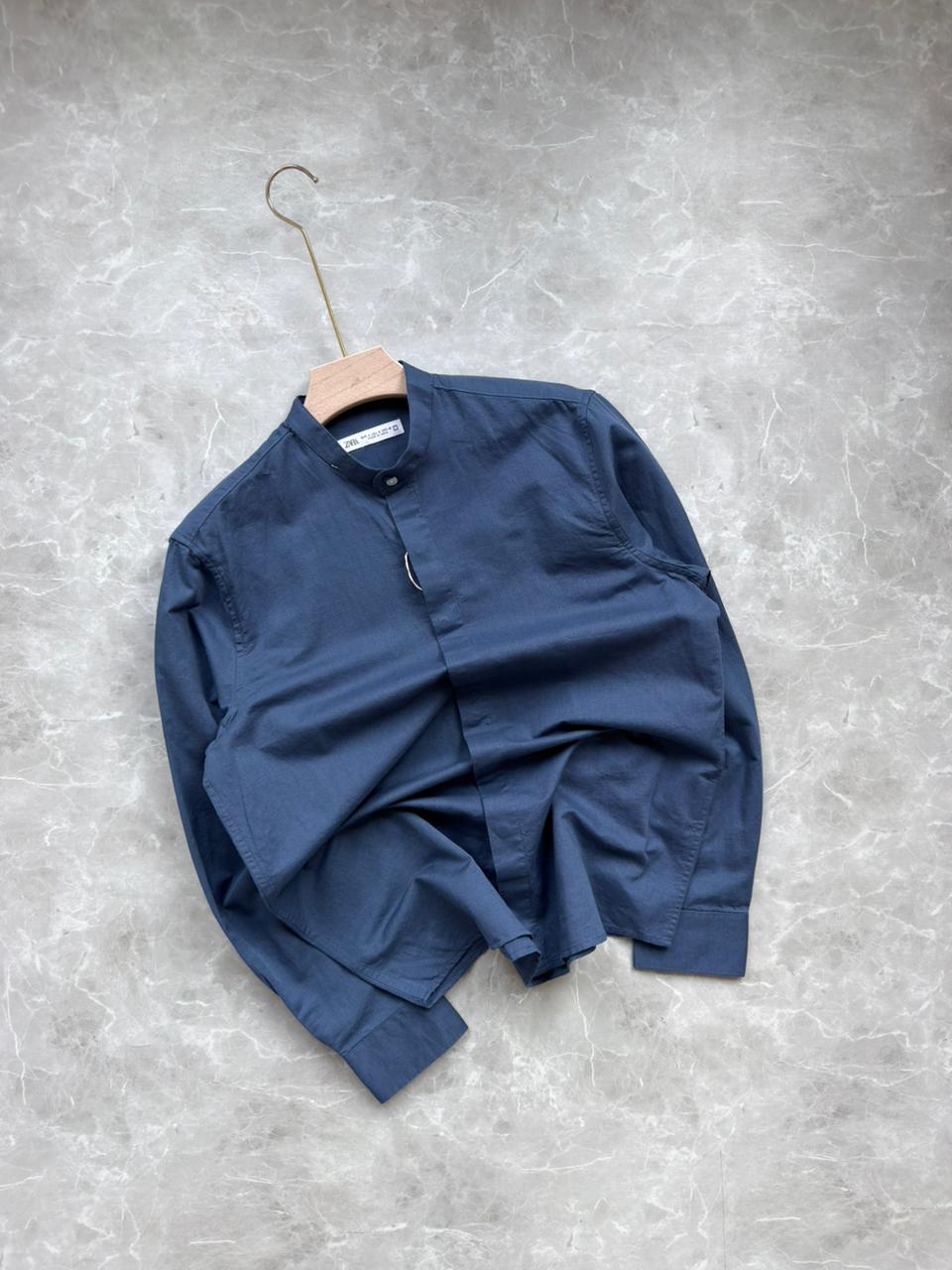 TEAL BLUE LINEN MANDRIAN COLLAR SHIRT