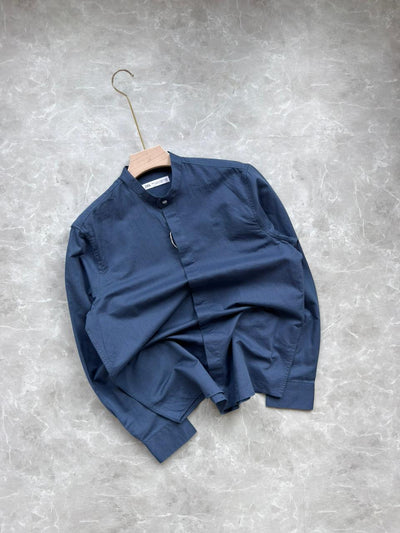 TEAL BLUE LINEN MANDRIAN COLLAR SHIRT