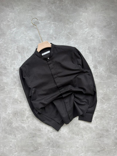 BLACK LINEN MANDRIAN COLLAR SHIRT