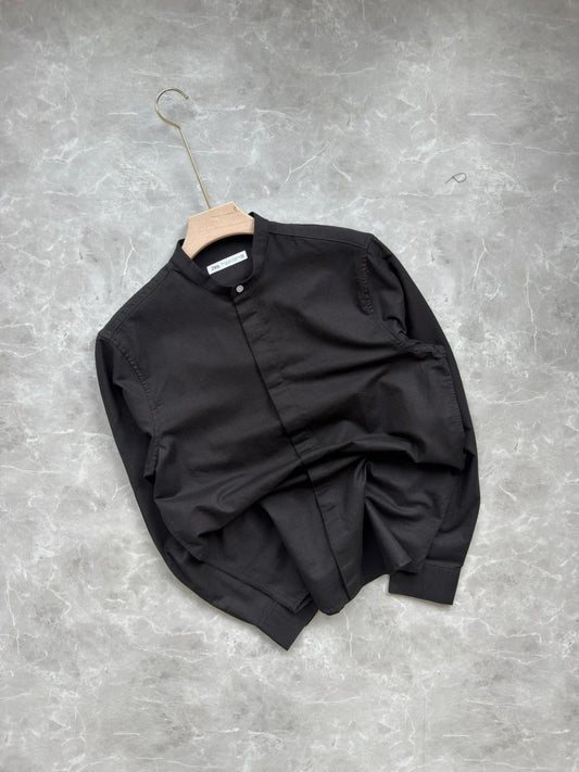 BLACK LINEN MANDRIAN COLLAR SHIRT