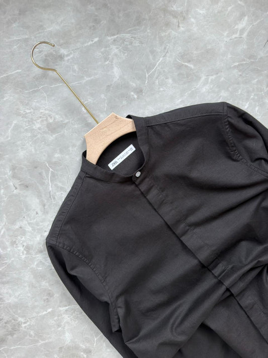 BLACK LINEN MANDRIAN COLLAR SHIRT