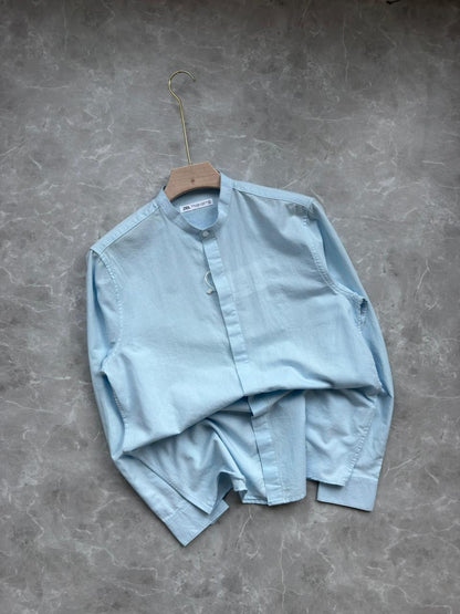 SKYBLUE LINEN MANDIRAN COLLAR SHIRT
