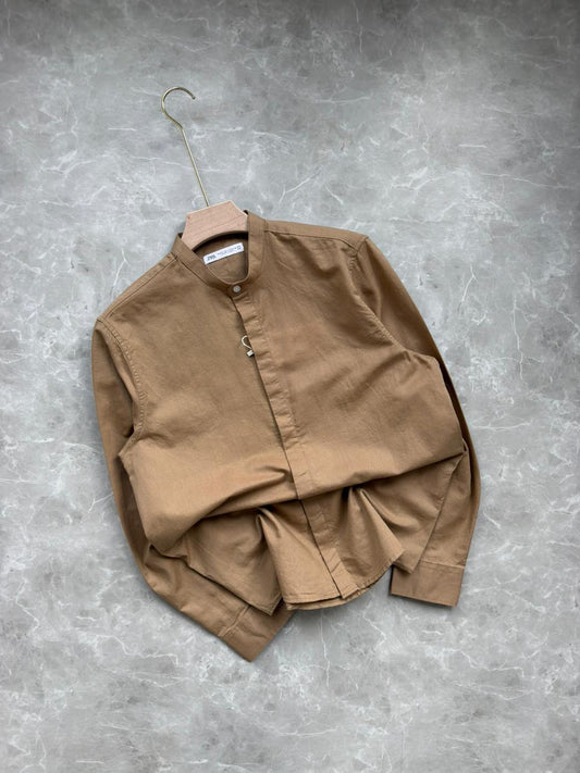 KHAKI LINEN MANDRIAN COLLAR SHIRT