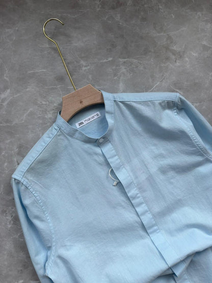 SKYBLUE LINEN MANDIRAN COLLAR SHIRT