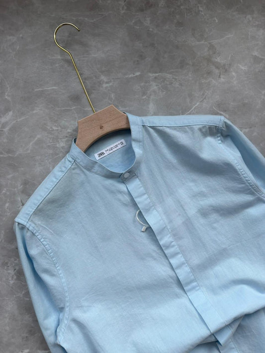 SKYBLUE LINEN MANDIRAN COLLAR SHIRT