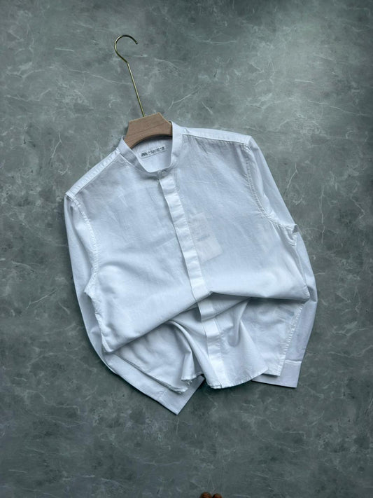 WHITE LINEN MANDRIAN COLLAR SHIRT