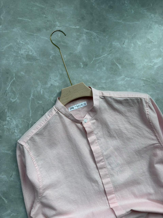 BABY PINK LINEN MANDRIAN COLLAR SHIRT