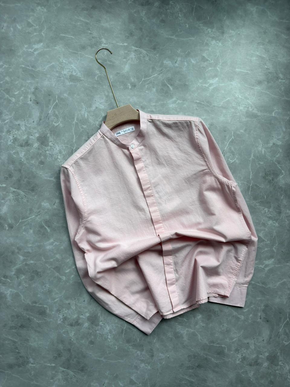 BABY PINK LINEN MANDRIAN COLLAR SHIRT
