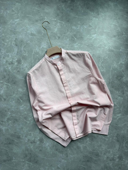 BABY PINK LINEN MANDRIAN COLLAR SHIRT