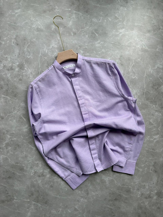 LILAC PURPLE LINEN MANDRIAN COLLAR SHIRT