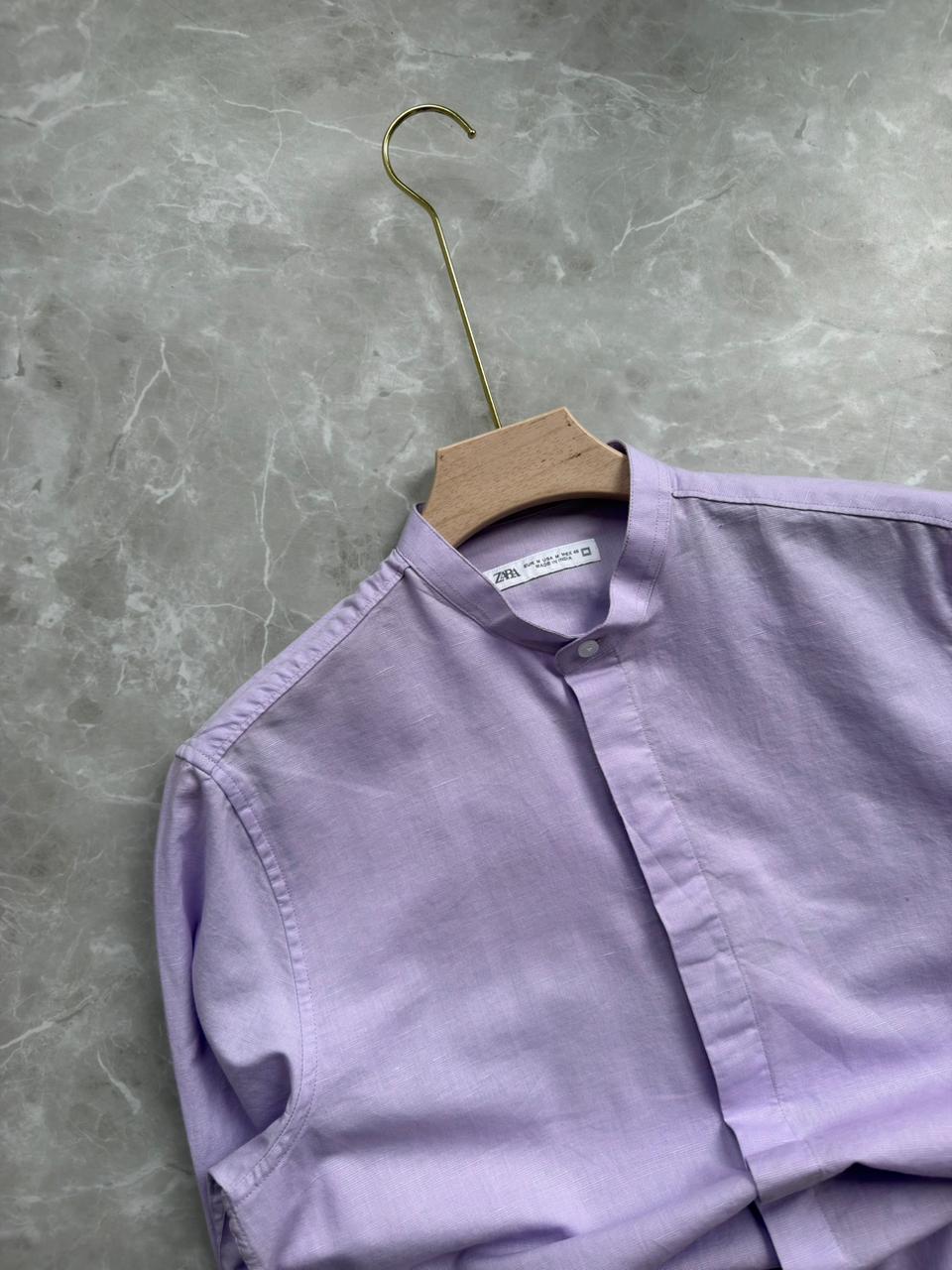 LILAC PURPLE LINEN MANDRIAN COLLAR SHIRT