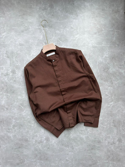 BROWN LINEN MANDRIAN COLLAR SHIRT