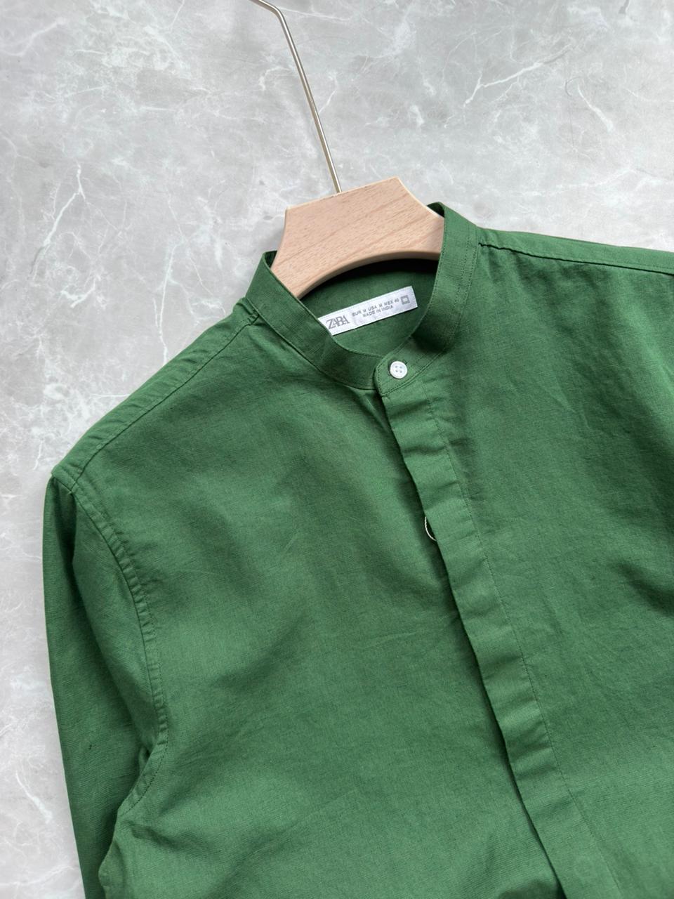 GREEN LINEN MANDRIAN COLLAR SHIRT