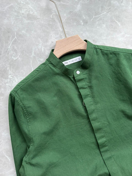 GREEN LINEN MANDRIAN COLLAR SHIRT