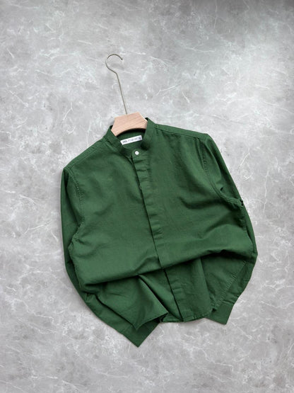 GREEN LINEN MANDRIAN COLLAR SHIRT