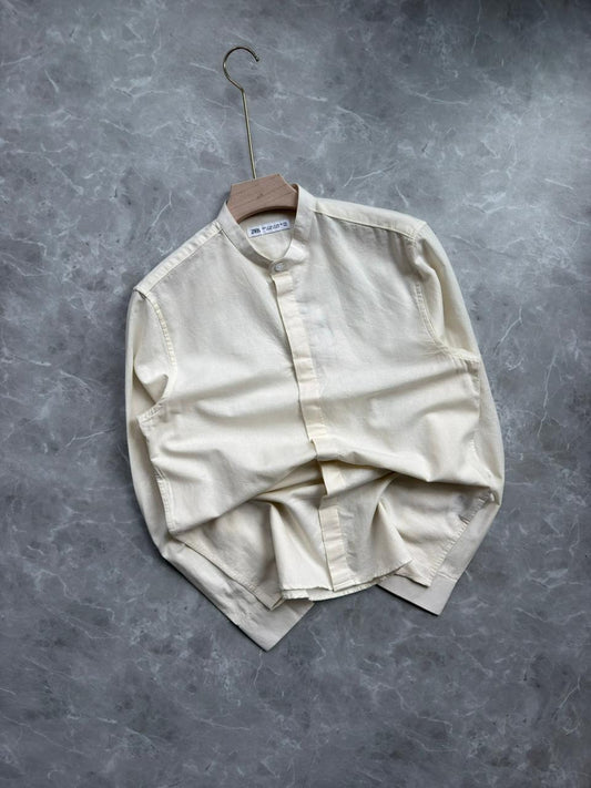 OFF WHITE LINEN MANDRIAN COLLAR SHIRT