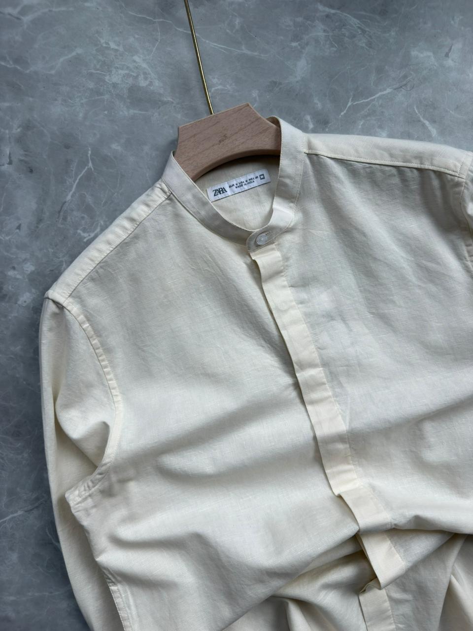OFF WHITE LINEN MANDRIAN COLLAR SHIRT