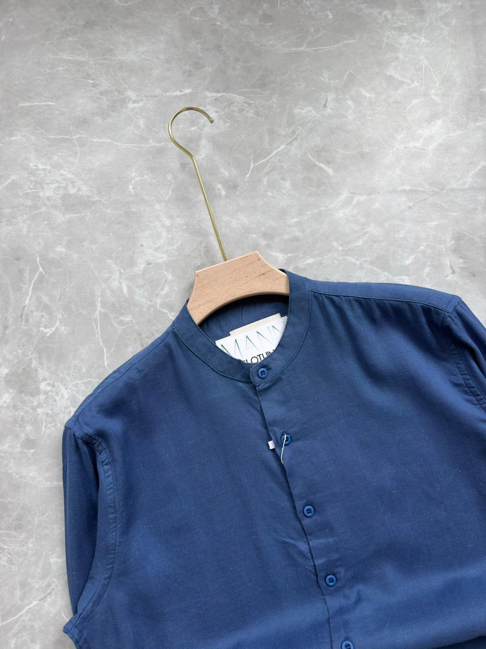 BLUE LINEN MANDRIAN COLLAR SHIRT