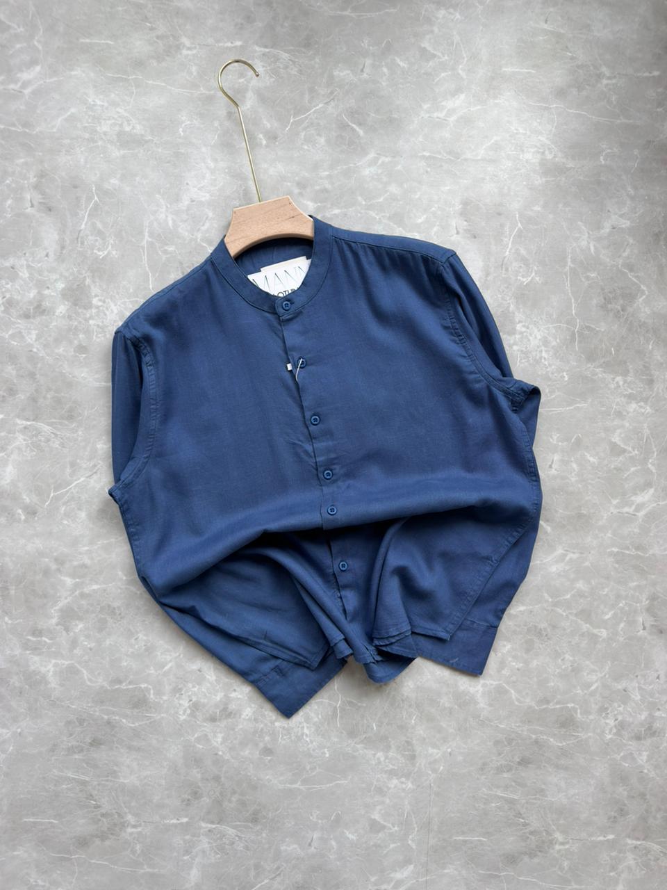 BLUE LINEN MANDRIAN COLLAR SHIRT