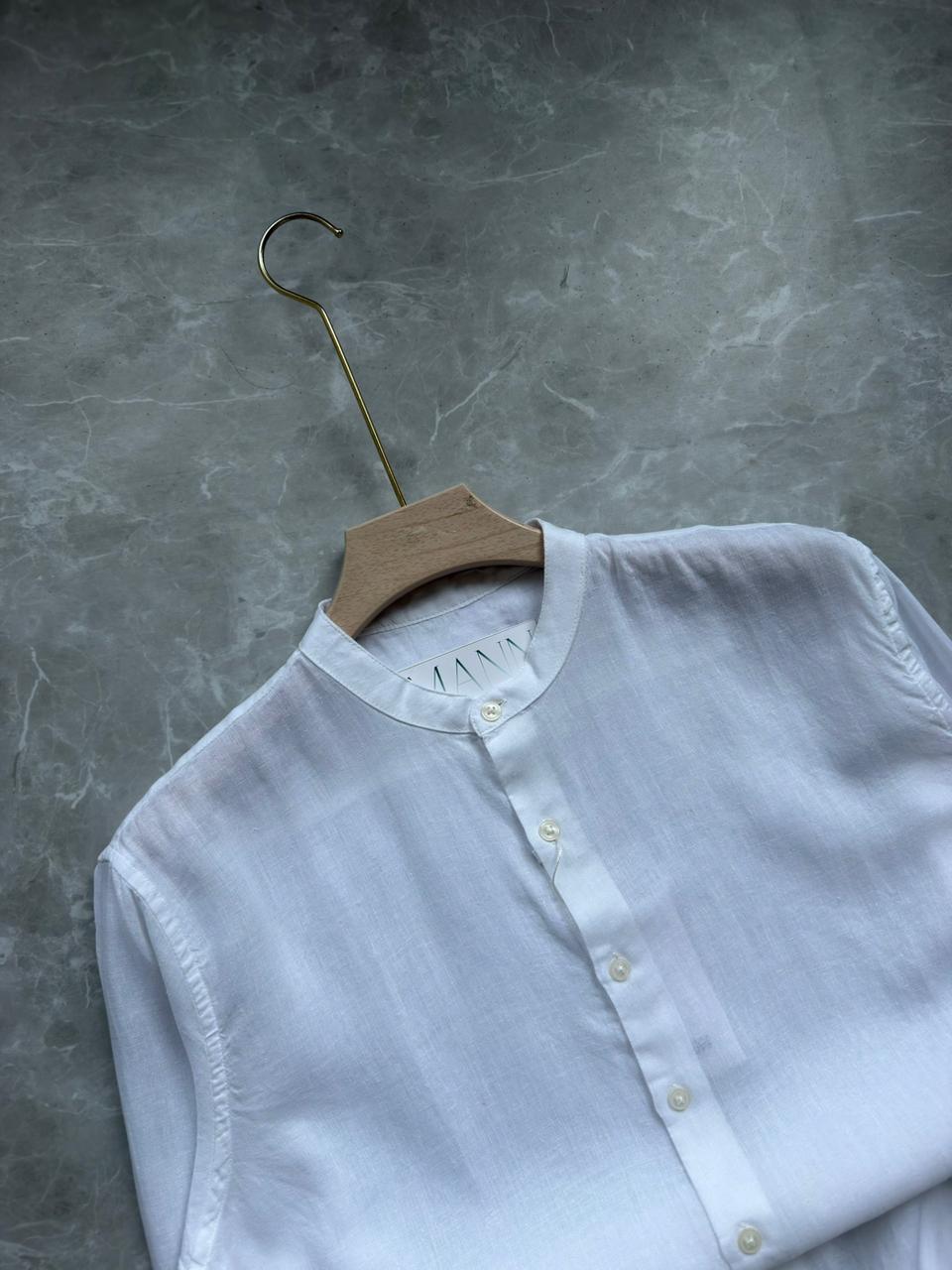 WHITE LINEN MANDRIAN COLLAR SHIRT