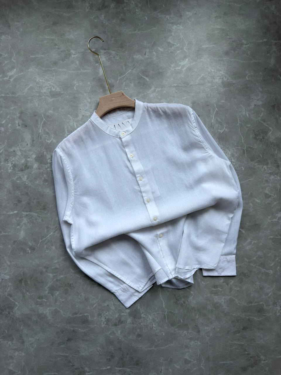 WHITE LINEN MANDRIAN COLLAR SHIRT