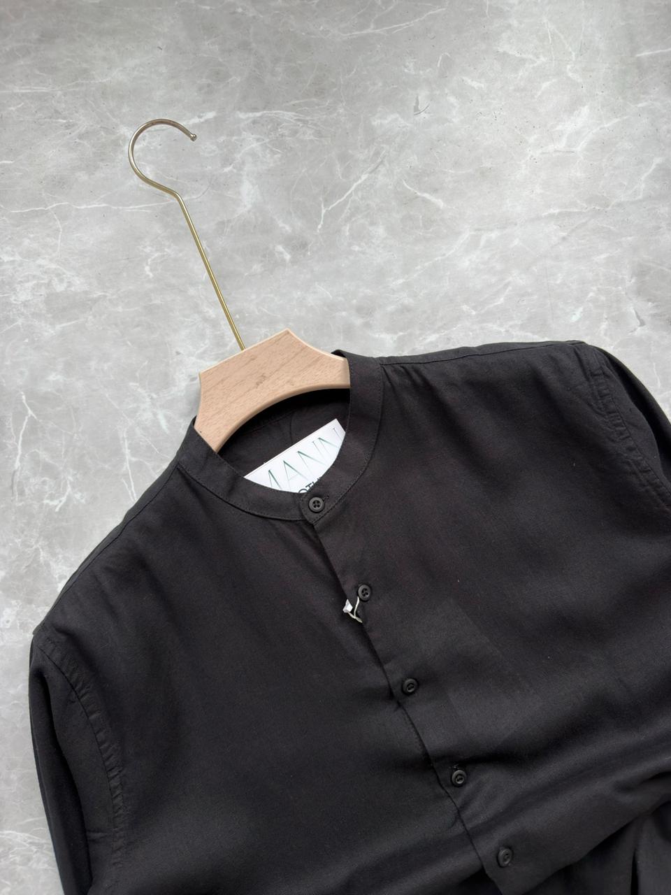 BLACK LINEN MANRIDAN COLLAR SHIRT