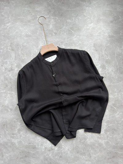 BLACK LINEN MANRIDAN COLLAR SHIRT