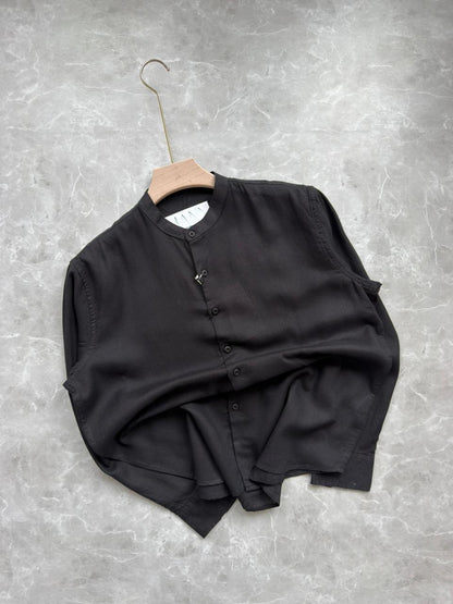 BLACK LINEN MANRIDAN COLLAR SHIRT